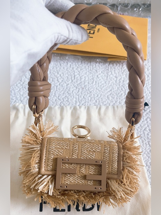 Fendi Handbags - FENDI Woven Raffia Fabric Nano Baguette Maxi Handle Charm